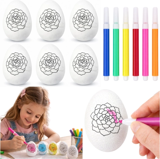 Oster-Polystyroleier zum Ausmalen mit Filzstiften, Blumenmuster - 6 Stück