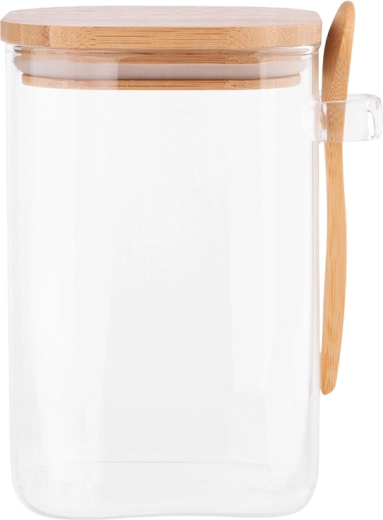 Quadratische Borosilikatglasdose 1 l mit Bambusdeckel und Löffel