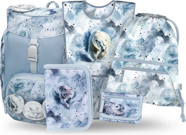 Schulset BAAGL Airy Polar 5-teilig: Rucksack, Federmäppchen, Beutel, Schürze und Halsgeldbörse aus recycelten Materialien