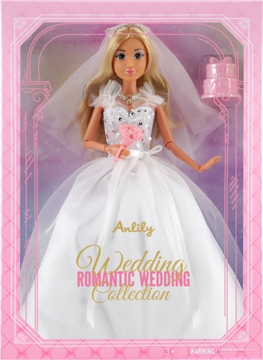 Modische Puppe im Brautkleid mit Blumenstrauß