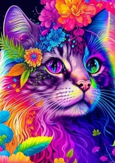Diamantmalerei Bunte Katze mit Blumen 30 × 40 cm