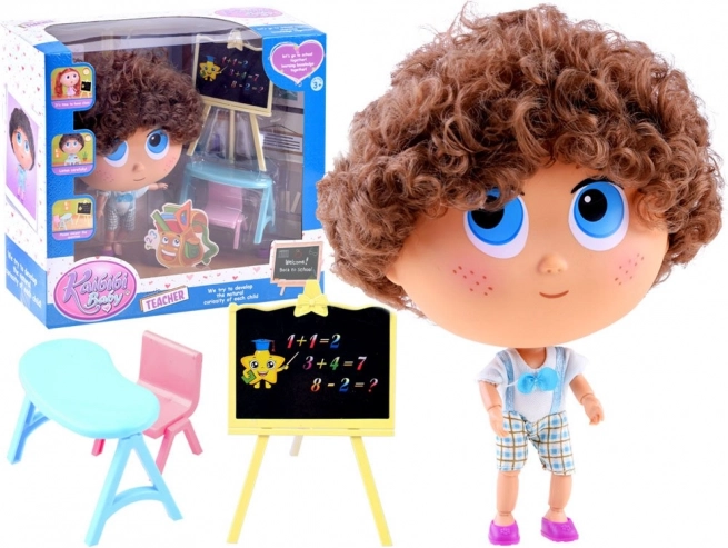 Lehrer-Puppe Tymek – Schulset mit Tafel und Tisch – Blau