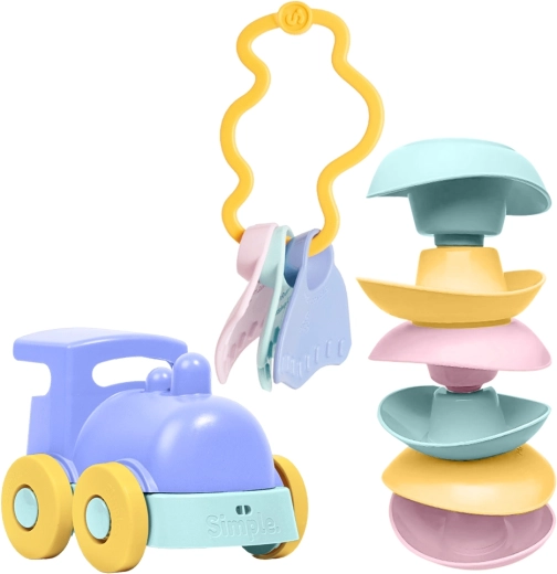 Simple. Spielzeugset für Babys – blaue Lokomotive, stapelbare Boote und Rassel-Beißring