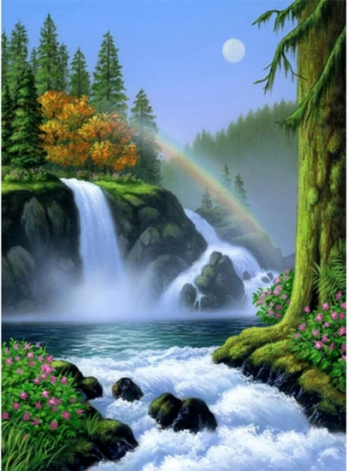 Diamantmosaik (Diamond Painting) Wasserfall mit Regenbogen 30 × 40 cm – 1 Stück