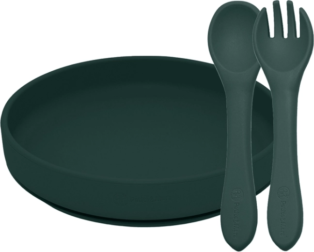 Petite&Mars Silikon-Esset TAKE&MATCH für Kinder – Teller mit Saugnapf und Besteck, Misty Green