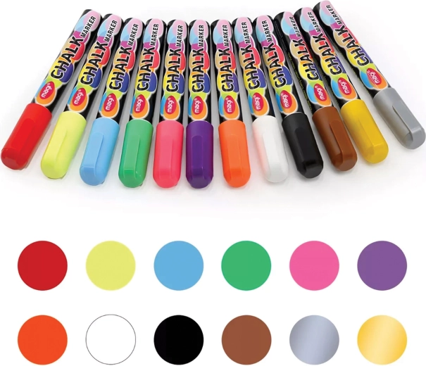 Set flüssiger Kreidemarker für Tafeln und Glas, 12 Farben, 6 mm