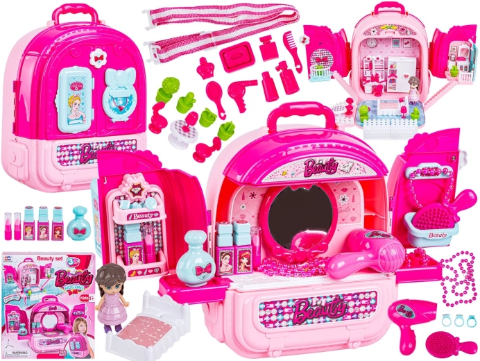 Kinder-Puppenhaus und Schminktisch im Koffer 3-in-1 Rucksack mit Zubehör – 1 Stück