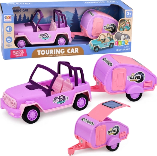 Rosa Offroad-Fahrzeug mit Wohnwagen mit Soundeffekten