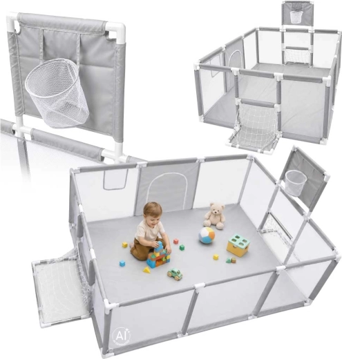 Kinderlaufgitter mit Basketballkorb und Fußballtor 230 × 118 × 102 cm