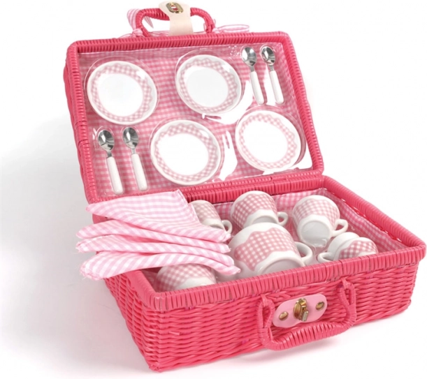 Tidlo Tee-Picknickset im rosafarbenen Weidenkorb