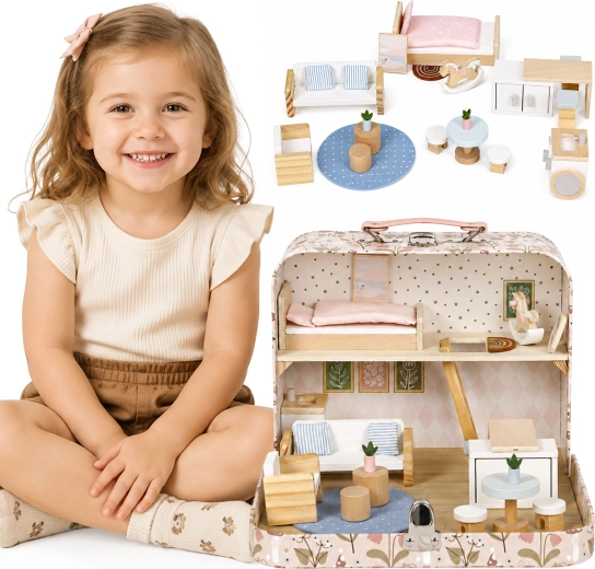 Ecotoys Holzpuppenhaus im Koffer – zweistöckig mit Möbeln und 20 Zubehörteilen