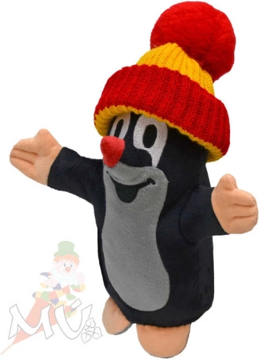 Moravská ústředna Handpuppe Maulwurf mit roter Mütze 20 cm