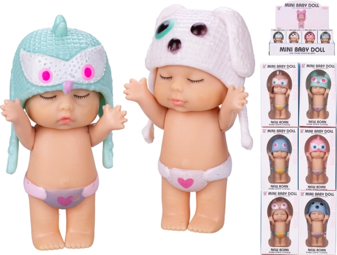 Babypuppe 8 cm mit Tiermützchen, 12 Varianten