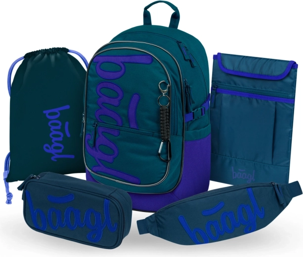 Baagl Schulset Core Logo Blau – Rucksack, Federmäppchen, Beutel, Bauchtasche und Laptop-Hülle (GRS)