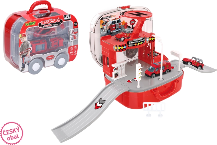 Feuerwache im Koffer mit Autos und Hubschrauber