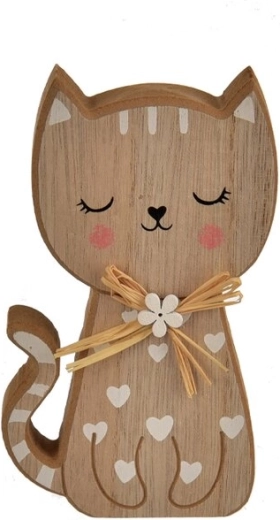 Holzdekoration Katze mit Herzen braun-weiß 15 cm