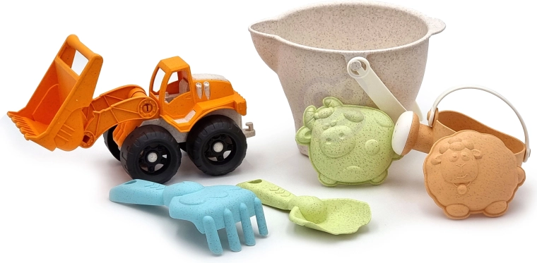 Woopie Green Sandspielzeug-Set mit Lader im Eimer, 7 Teile, biologisch abbaubares Material