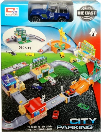 Städtisches Parkhaus mit Metallauto und Zubehör