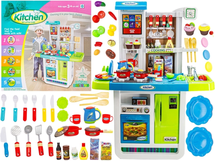 Multifunktionale Kinderküche mit Gas-Kochfeld und Touchpanel, blau-grün