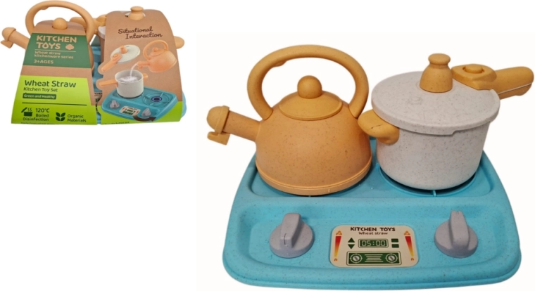 Küchenset mit Kochplatte, Kännchen und Topf aus Weizenstroh