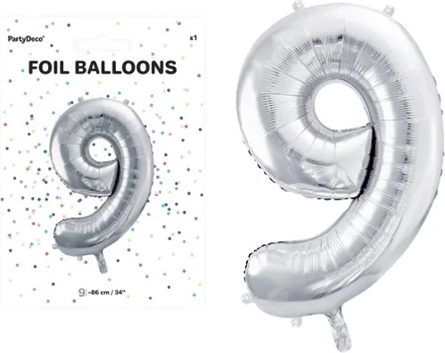 Folienballon Zahl 9 silber 86 cm