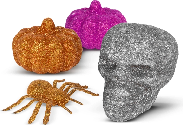 Glitzerndes Halloween-Dekorationsset mit Spinne, Totenkopf und Kürbissen