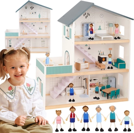 Holzpuppenhaus mit Figuren TOOKY TOY, 3 Etagen, FSC