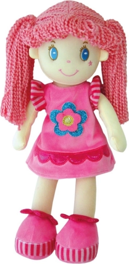 Stoffpuppe im rosa Kleid mit Blume