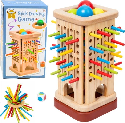 Holzgeschicklichkeitsspiel Turm mit Stäbchen und Kugeln, 37 Teile