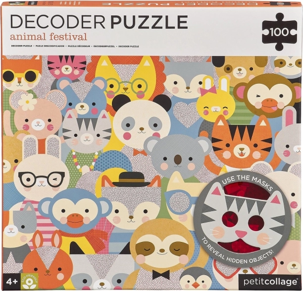 Petit Collage Decoder-Puzzle Tierfestival mit 3D-Brille, 100 Teile