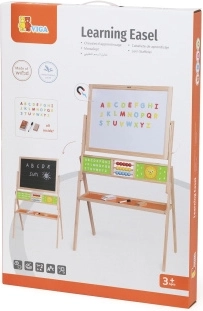 Holztafel beidseitig mit Rechenrahmen und Uhr für Lernzwecke