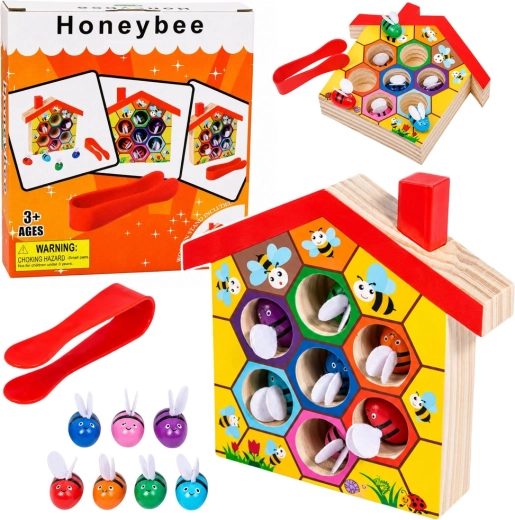 Holz-Montessori-Bienenstock mit Bienen und Pinzette (7 Stk.)