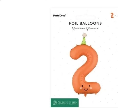 PartyDeco Folienballon Zahl 2 orange mit Gesicht 86 cm