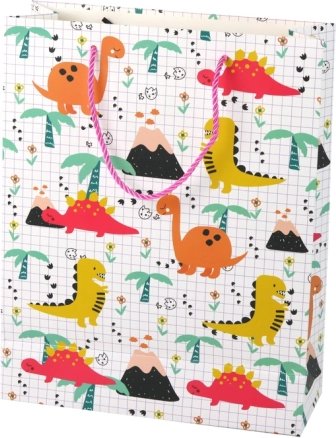 Geschenktasche mit Dinosauriern, Karomuster, 32 × 26 × 10 cm