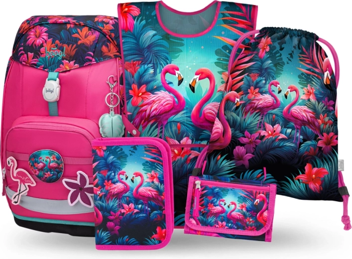Schulset BAAGL Airy Plus Flamingos – Rucksack, Federmäppchen, Beutel, Schürze und Geldbörse