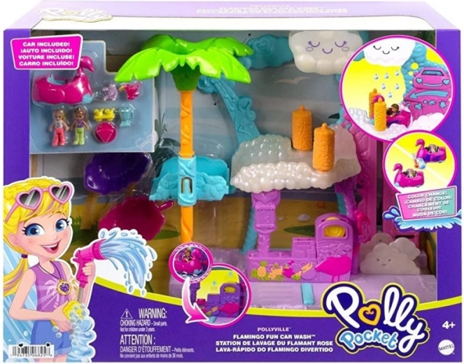 Polly Pocket Flamingo-Waschanlage – Spielset mit farbwechselndem Auto