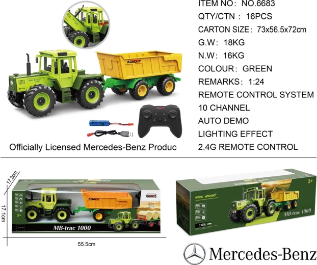 Ferngesteuerter grüner Mercedes-Benz-Traktor mit gelbem Anhänger im Maßstab 1:24