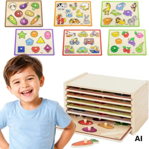 VIGA Holz-Steckpuzzles mit Griffen und Ständer (6 Tafeln)
