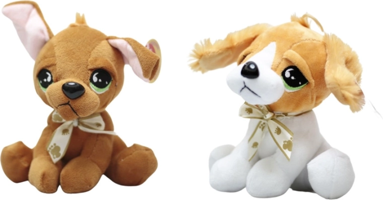 Plüschhund mit großen Augen und Schleife