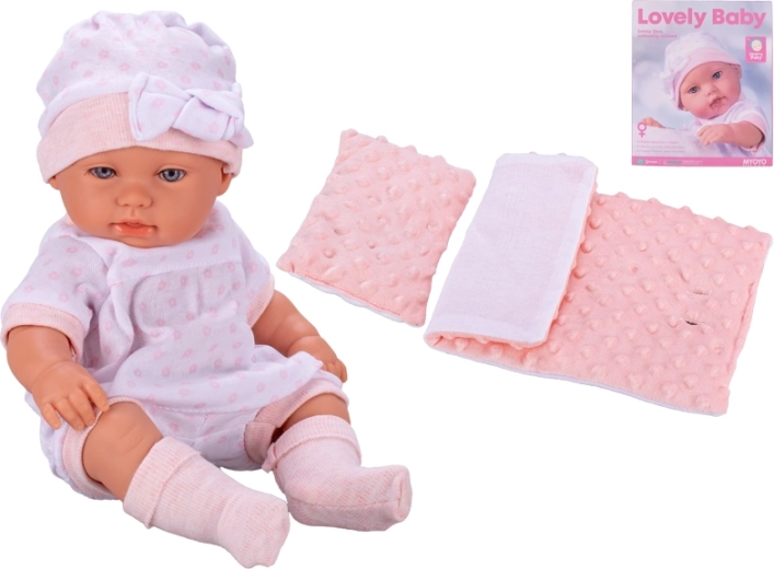 Babypuppe mit festem Körper 33 cm – rosa, mit Bettzeug