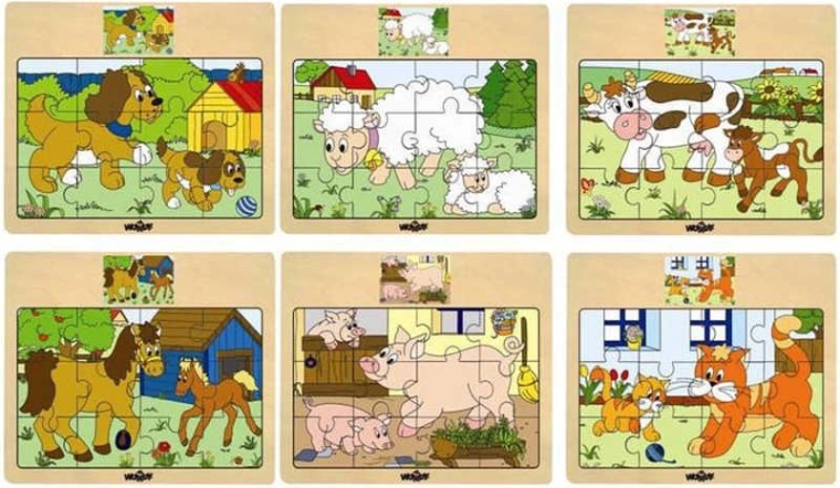 Woody Holzpuzzle auf Platte – Haustiere mit ihren Jungen – 1 Stück