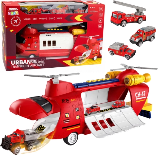 Feuerwehr-Transporthubschrauber mit Fahrzeugen, Licht und Sound