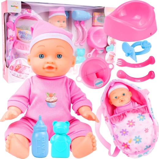 Puppe mit Zubehör und Tragewanne