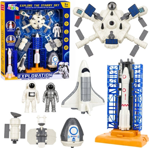 Kosmisches Exploration-Set – Rakete, Raumfähre, Station, Satelliten und Astronauten mit Lichteffekten