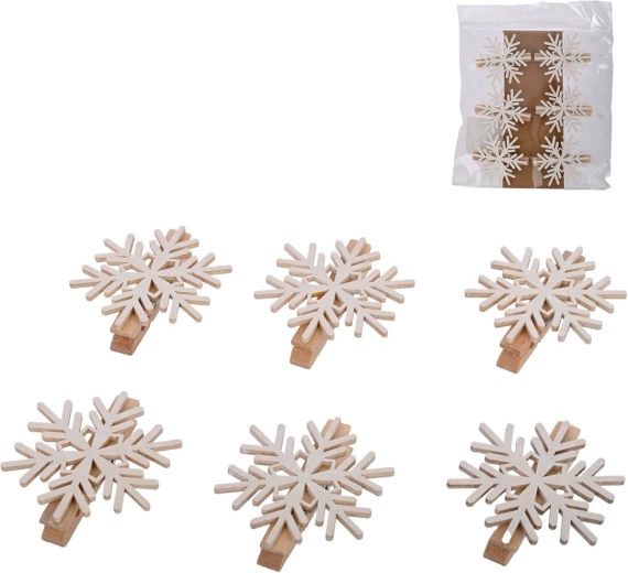 Dekorative Holzklammern mit weißer Schneeflocke, 6 Stück