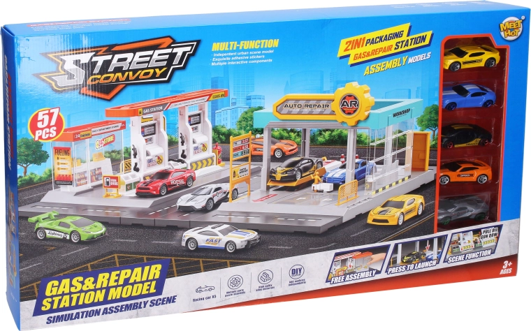 Tankstelle und Autowerkstatt 2in1 mit 5 Metallautos