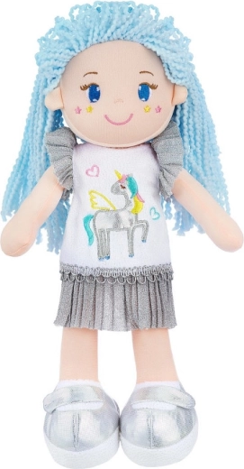 Stoffpuppe mit blauen Haaren und Einhorn