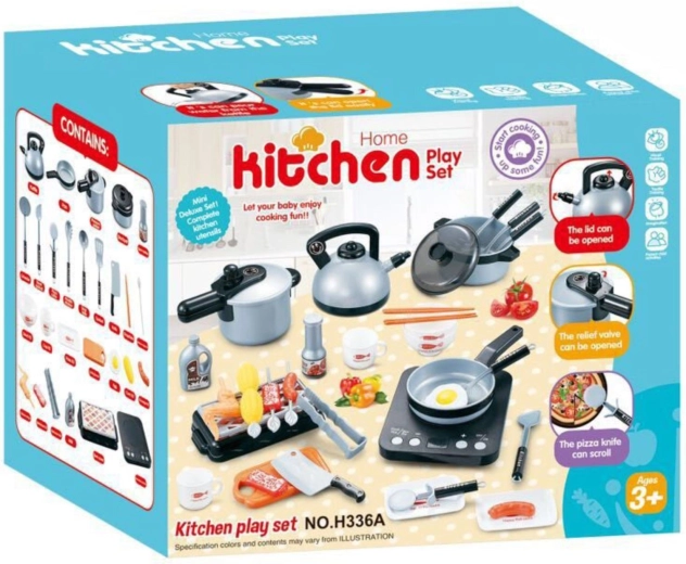 Kinder-Küchenset mit Induktionskochfeld und Zubehör, 36 Teile, silberfarben