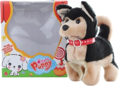 Gehender schwarzer Hund mit Batterien