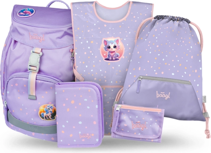 Baagl Schulset Airy Kuscheltiere – Rucksack, Federmäppchen, Beutel, Schürze und Geldbörse